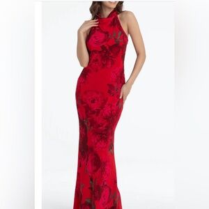 Betsy & Adam Red Floral Strapless Halter Evening Gown